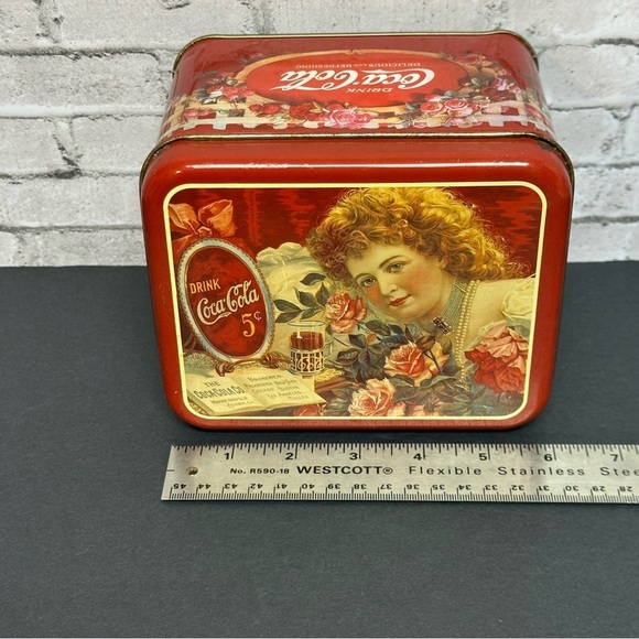 Coca-Cola Coke Vintage 6 in. Square Tin Decor Woman Floral Logo - Picture 11 of 13